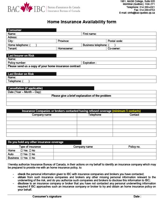 Home Insurance Availability form