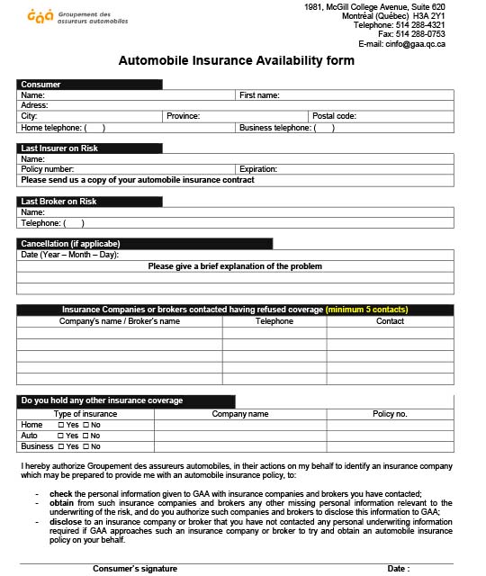 Automobile Insurance Availability form